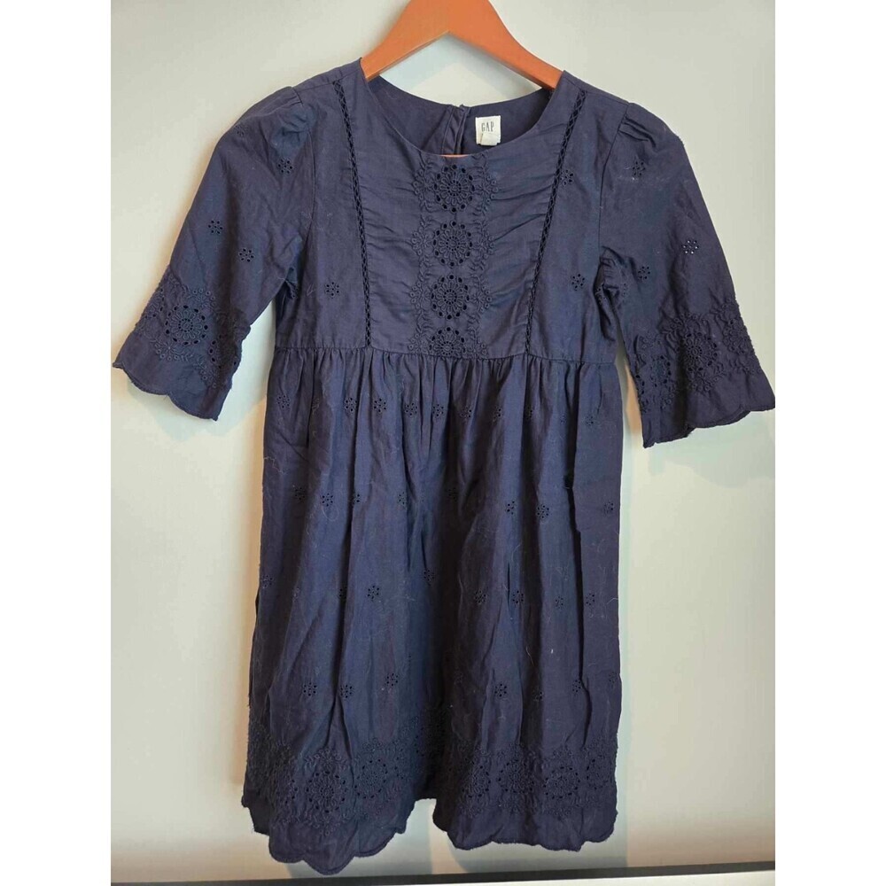 Gap Kids Girls Dress Size M (8) Fall Eyelet Embroidered Navy cotton Classic